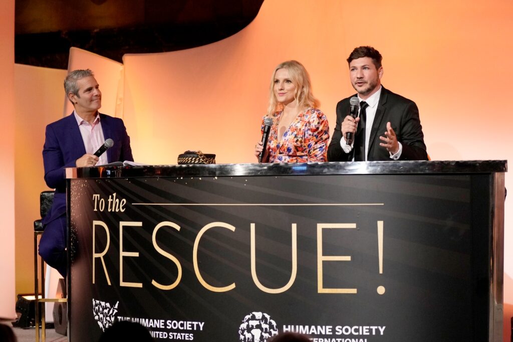 Host Andy Cohen, from left, Fashion Designer Laura Brown, left, and Humane Society US Director of Fashion Policy, PJ Smith.
